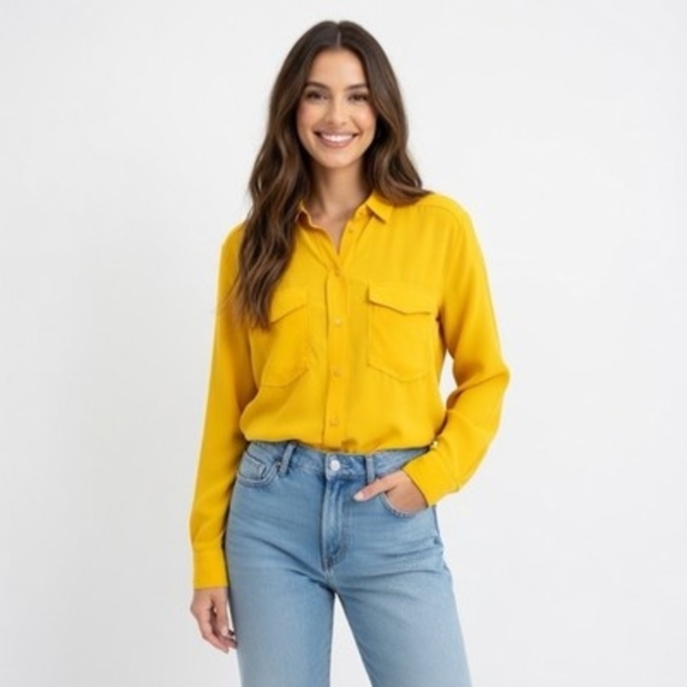 Tommy Bahama Women's Yellow Silk Button Down Blouse L Long Sleeve Pockets VG